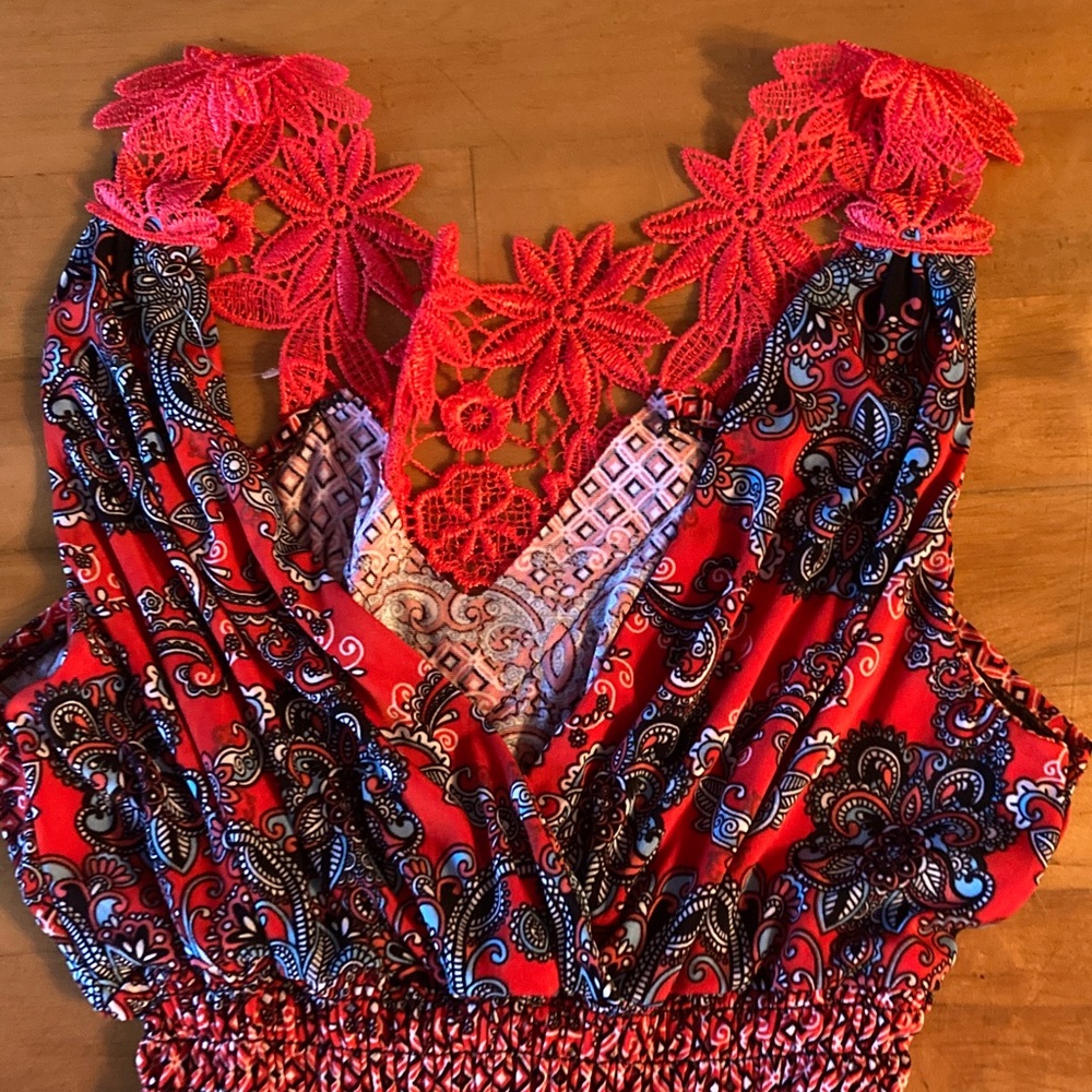 Vibrant Red and Blue Patterned Jumpsuit - Picture 2 of 6